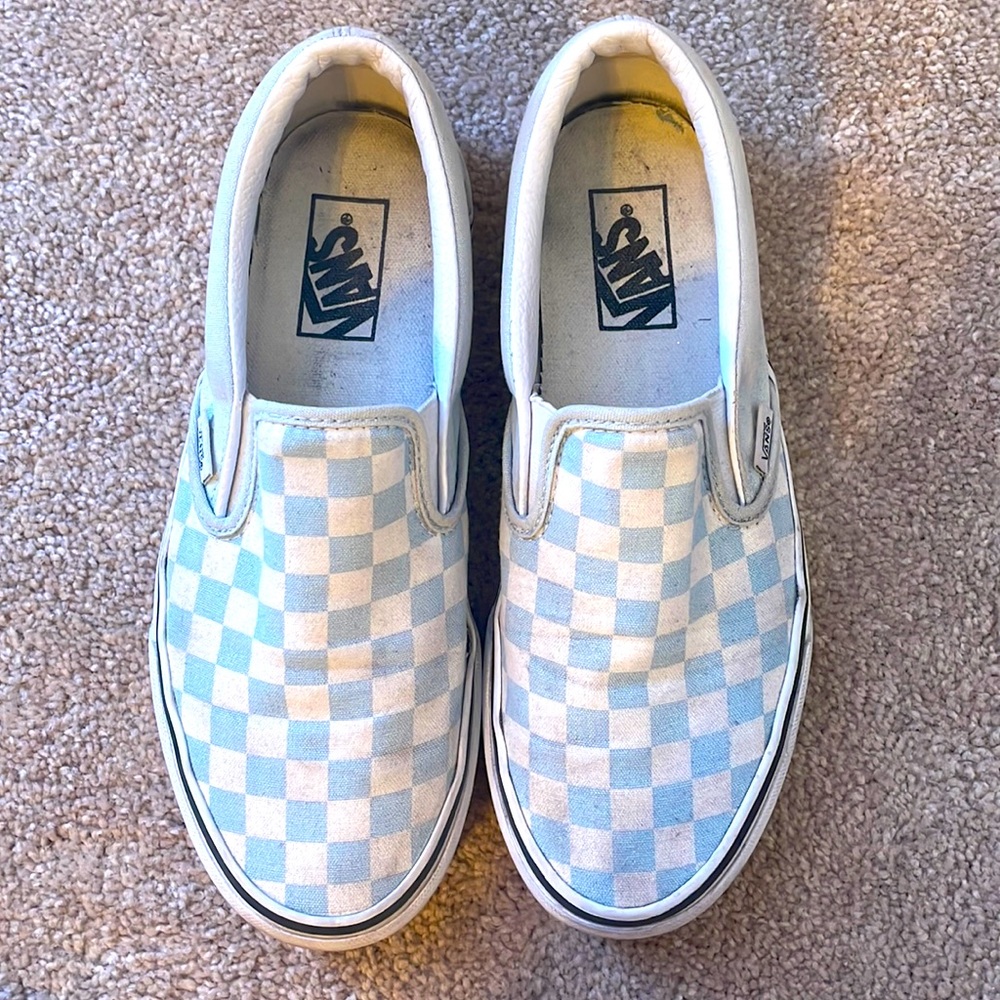 Size 8.5 woman’s light blue checkered slip-on vans - Picture 1 of 8